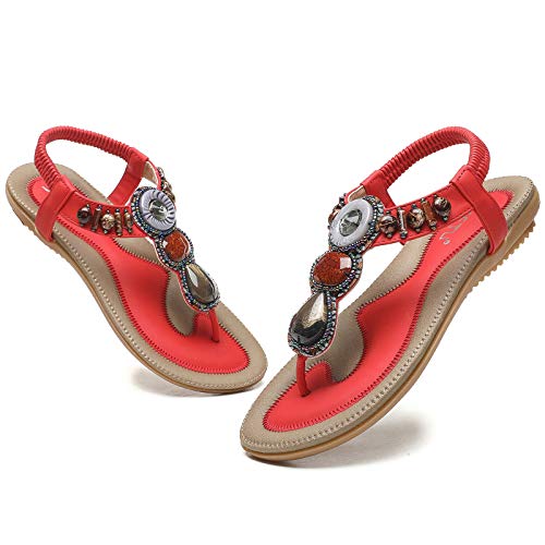 WINZYU Sandalen Damen Sommer Bohemian Strass Flach Sandaletten Zehentrenner Schuhe Rot 42 EU von WINZYU