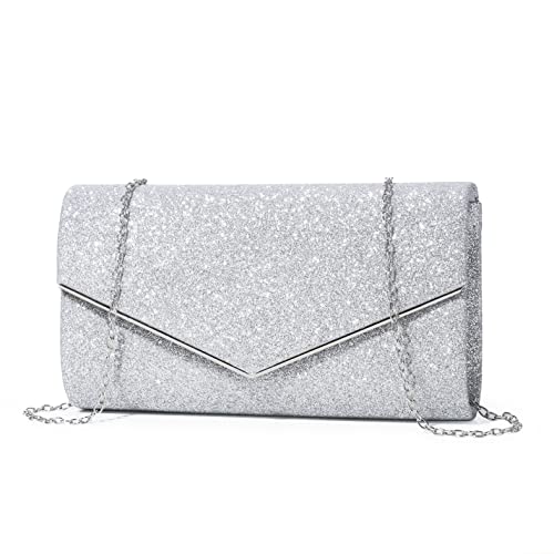 WIOLETA Umhängetasche Damen Handtasche Silber Klatsch Tasche Silber Tasche Damen Abendtasche Silber Tasche Silber Damen Silberne Clutch Clutch Silber Glitzer Festlich Tasche Silber Klein von WIOLETA