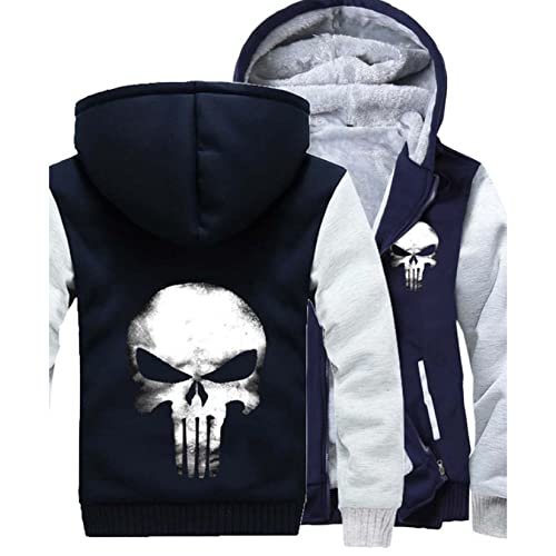 Herren Hoodie Dickes Sweatshirt Punisher Fleece Gefütterte Hoodies Winter Warm Hoody Long Sleeve Kapuze Winddichter Pullover Flauschige Futterjacke mit Taschen,Blue-Aldult 3XL von WIOSEN