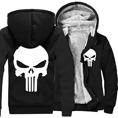Herren Hoodie Punisher Full Zip Dicke Mäntel Winter Fleece Warm Kapuze Pullover Jugend Cardigan Jacke Langarm Sweatshirt für Freund und Vater,Black-Aldult 2XL von WIOSEN