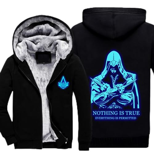 Herren Outdoor Fleece Jacken Mantel Assassin/Creed Zip Up Hoodie Winter Warm Kapuze Dickes Sweatshirt Cardigan Hoody zum Wandern Jogger Klettern,Black-Aldult 2XL von WIOSEN