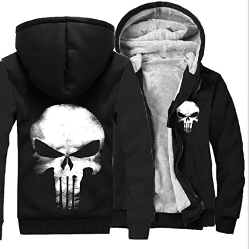 Herren Pullover Punisher Hoodie Thermofleece Gefütterte Pullover Jacken Winter Workout Pullover Hoody Full Zip Wolle Warm Dicke Mäntel Oberbekleidung,Black-Aldult 2XL von WIOSEN