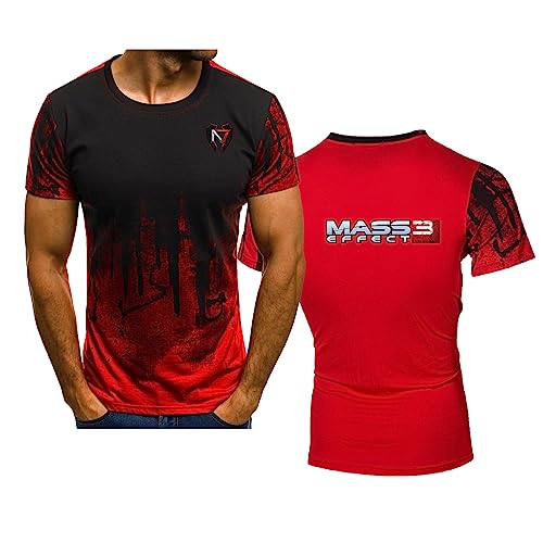Herren T-Shirt mit Farbverlauf für Mass Effect N7, Bequeme sportliche feuchtigkeitsableitende Rundhals Kurzarm T-Shirts lockere atmungsaktive Oberteile weiche Arbeitskleidung, Red-L von WIOSEN