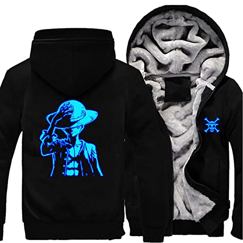 Herren warme Dicke Kapuzenpullover Luffy Prints Flauschiges Futter Fleece Jacke Mantel Reißverschluss Sweatshirt Winter Langarm Pullover Winddichter Pullover,Black-Aldult S von WIOSEN