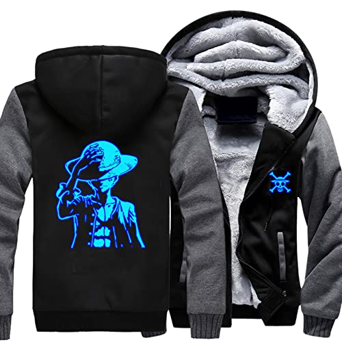 Herren warme Dicke Kapuzenpullover Luffy Prints Flauschiges Futter Fleece Jacke Mantel Reißverschluss Sweatshirt Winter Langarm Pullover Winddichter Pullover,Grey-Aldult 4XL von WIOSEN