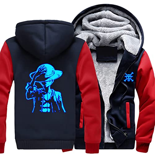 Herren warme Dicke Kapuzenpullover Luffy Prints Flauschiges Futter Fleece Jacke Mantel Reißverschluss Sweatshirt Winter Langarm Pullover Winddichter Pullover,Red-Aldult 2XL von WIOSEN