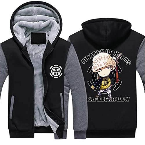 Herren weiche Fleece Hoodies für Trafalgar Law Sweatshirt Winter Warm Dicke Full Zip Jacke Winddichte Hoody Jumper Herbst Thermo Oberbekleidung mit Taschen,Grey-Aldult 5XL von WIOSEN
