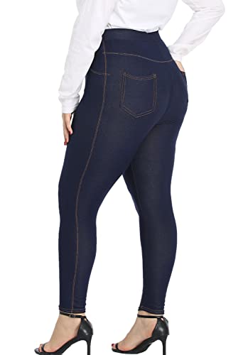 WIPLORE Jeggings im Jeans-Look für Damen, Übergröße, hohe Taille, Stretch-Denim-Leggings mit Taschen, Skinny Pull-On-Hose, 1X-4X, Blau, XX-Large von WIPLORE