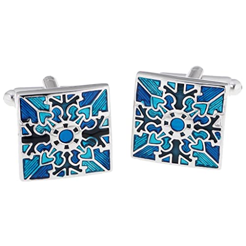 WIPPWER 1 Pair Blue Grid Flower Pattern Mens Vintage Wedding Occasion Shirt Cufflinks Square Button von WIPPWER