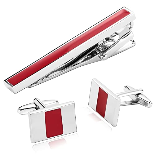 WIPPWER Mens Cufflinks and Tie Clip Set, Silver Red Stainless Steel Bow Tie Clips Rectangle Cufflinks Suit Accessories Men Gifts for Men Tie Accessories von WIPPWER