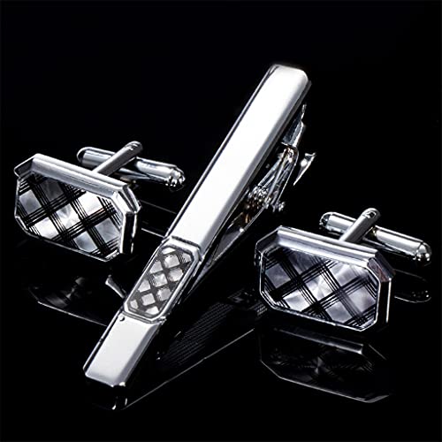 WIPPWER Sliver Plaid Cufflinks Necktie Clip for Tie Pin for Mens Gift Classic Pattern Tie Bar Cufflinks Tie Clip Set Men Jewelry von WIPPWER
