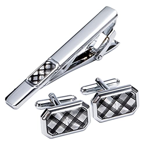 WIPPWER Sliver Plaid Cufflinks Necktie Clip for Tie Pin for Mens Gift Classic Pattern Tie Bar Cufflinks Tie Clip Set von WIPPWER
