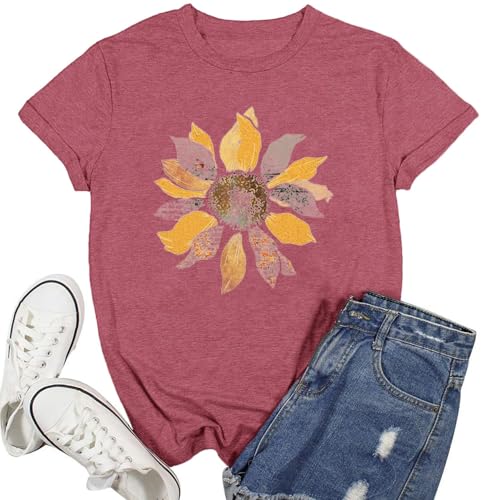 Blumen-Grafik-Shirt für Damen, Boho, Wildblumen, Vintage, Blumendruck, T-Shirt, Rundhalsausschnitt, locker, lässig, kurzärmelig, Pink 1, Groß Blumen-Grafik-Shirt für Damen, Boho, Wildblumen, Vintage, Blumendruck, T-Shirt, Rundhalsausschnitt, locker, lässig, kurzärmelig, Pink 1, Groß von WIPXITK