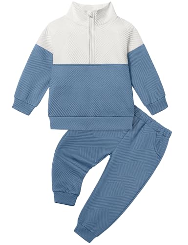 WIQI Kleinkind Baby Jungen Kleidung Farbblock Langarm Sweatshirt und Hose 2-teilig Herbst Winter Outfit Set 1-5T, Blau, 2-3 Jahre von WIQI