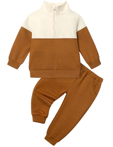 WIQI Kleinkind Baby Jungen Kleidung Farbblock Langarm Sweatshirt und Hose 2-teilig Herbst Winter Outfit Set 1-5T, Braun, 2-3 Jahre von WIQI