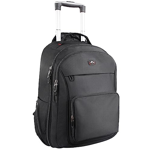 WIRABO Rucksack mit Rollen, 40L 17.3 Zoll Laptop Trolley Rucksack Reisetasche mit Rollen Groß Schultrolley Handgepäck für Herren Business, Arbeit, College, Schwarz von WIRABO