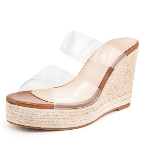 WIRALOMI Frauen Klar Keilabsatz Sandalen Slip On Espadrilles Plateau Sandalen Slide Sommer Strand Kristall Pantoletten Sandalen, Braun, 37.5 EU von WIRALOMI
