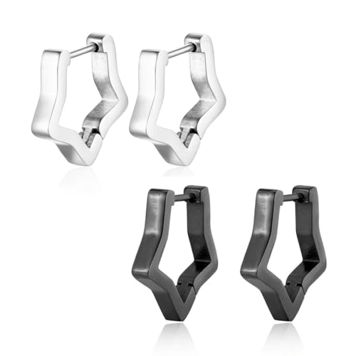 2 Paar Creolen Silber + Schwarz Klein Ohrringe silber 925 Geschenk für Frauen Freundin Mama Mädchen (Fünfzackiger Stern) von WIRZUL