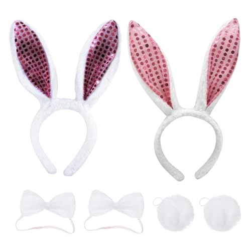 2 Sets Hasenohren und Schwanz Set, Bunny Ohren Haarreif Kostüm Set Kaninchen Haarreif Kragen und Schwanz für Kinder Erwachsene Karneval Cosplay Kostüm Party von WIRZUL