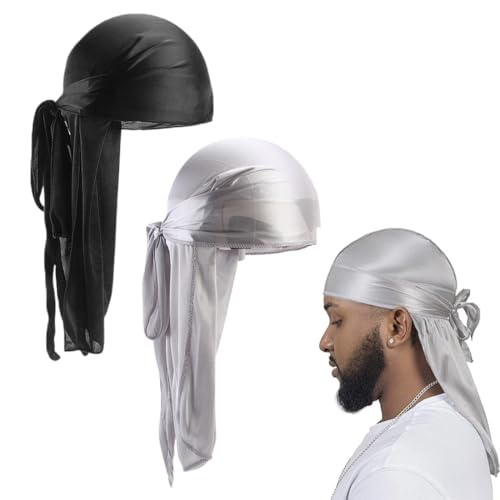 2 Stück Silky Durag für Männer Premium Satin Do Rags Doo Rags mit langem Schwanz für 360 für Waves Zöpfe und Locken (B) von WIRZUL