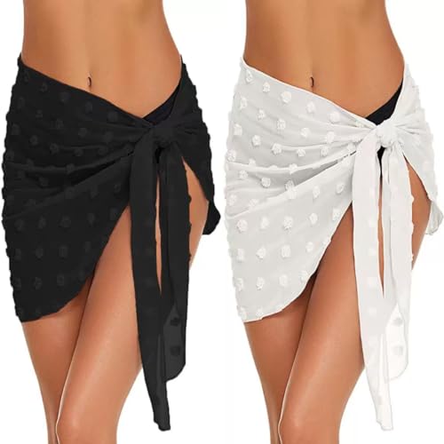 2 Stück Strandrock Strand Wrap Sarong Damen Wickeltuch Chiffon Strandrock Kurz Bikini Rock für Strand Urlaub Strandkleid Strand Wrap Sarong Damen Strandrock mit Fransen (Schwarz + Weiß) von WIRZUL