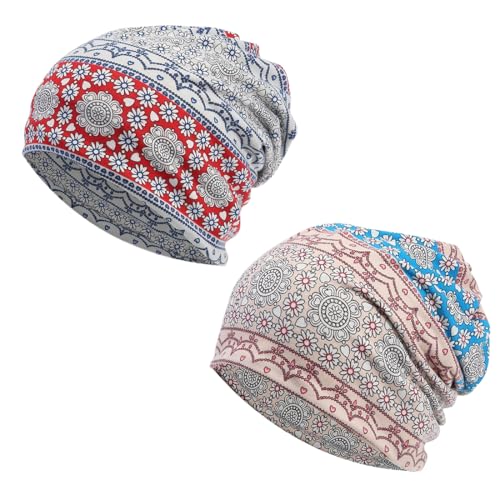 2er-Pack Damen-Slouchy-Beanies, Chemo-Mütze, Baumwoll-Beanie, leichtes und atmungsaktives Strick-Stirnband für Frauen während einer Chemotherapie (Boho-Stil) von WIRZUL