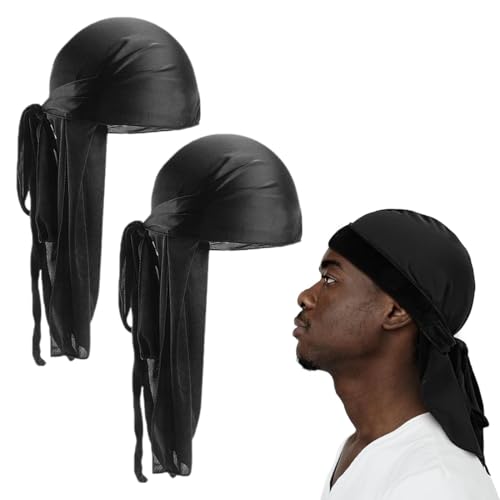 2er-Pack Luxus-Stirnbänder für Männer und Frauen, seidig weiche Haube für perfekte Wellen, Zöpfe und Locken, Satin-Stirnbänder, schwarz mit langem Schwanz für lockiges Haar. von WIRZUL