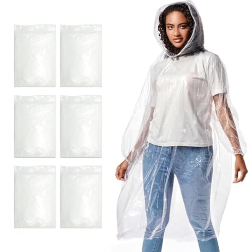 6 Stück Einweg Regenponcho Damen Herren,tragbarer Regenmantel,Durchsichtig Regencape Regenschutz mit Tunnelzug Kapuze und Elastische Manschette,Wasserdicht für Wandern Radfahren Camping und Reisen von WIRZUL