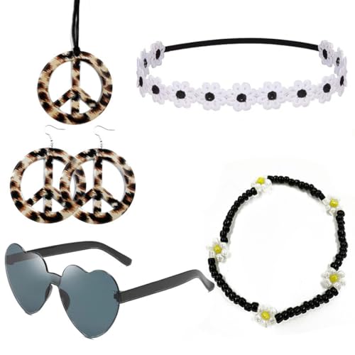 Hippie kleidung damen Set 5 Stück Hippie Accessoires Kit Kostüm Hippie Brille Friedenszeichen Halskette Friedensohrring für Kinder Erwachsene Hippie Retro Party (Leopardenmuster) von WIRZUL