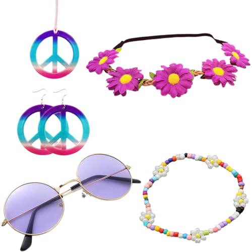 Hippie kleidung damen Set 5 Stück Hippie Accessoires Kit Kostüm Hippie Brille Friedenszeichen Halskette Friedensohrring für Kinder Erwachsene Hippie Retro Party (Lila) von WIRZUL