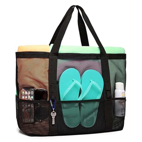 Shopper Mit 8 Taschen,Tote Mesh Strandtasche Damen Groß Faltbare mit Wasserdichter Kühltasche für Spielzeugaufbewahrung Strand Reise Picknick, Shopper Handtasche Badetasche Umhängetasche,Handtasche von WIRZUL