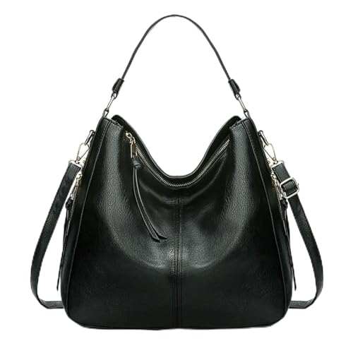 WISEHUBY Hobo Bag Echtes Leder Damen Handtasche Damen Casual Schultertasche Mode Brieftasche PU Leder Retro Große Kapazität Tote Bag, Schwarz , A von WISEHUBY