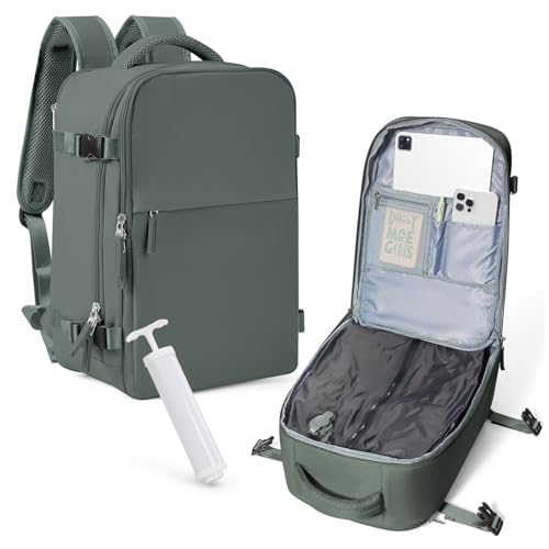 WISEPACK Vakuum Rucksack, Ryanair Handgepäck 40x20x25 Damen Ryanair Reiserucksack Flugzeuge Vacpack Rucksack mit Vakuumsystem für Reisen, Airbag Travel Vacuum Backpack mit Luftpumpe Armeegrün von WISEPACK