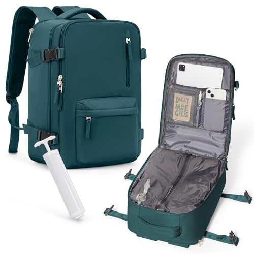 WISEPACK Vakuum Rucksack Handgepäck Vacpack, Ryanair Handgepäck 40x20x25 Damen Vakuum Backpack Travel mit Luftpumpe Airbag Rucksack mit Vakuumsystem für Flugzeug Herren und Damen Pfauenblau von WISEPACK
