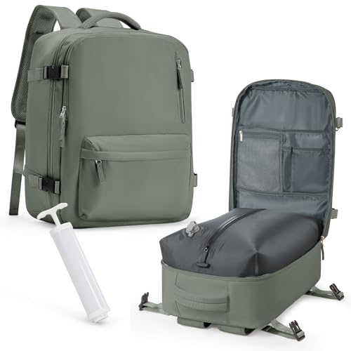 WISEPACK Vakuum Rucksack Handgepäck Vacpack, für Easyjet Handgepäck 45x36x20 Damen Vakuum Backpack Travel mit Luftpumpe Airbag Rucksack mit Vakuumsystem für Flugzeug Herren und Damen Armeegrün von WISEPACK