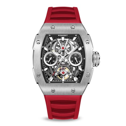 WISHDOIT Uhr für Herren, automatische mechanische Uhren, Tonneau Herren-Armbanduhren aus Edelstahl, Sport-Stil, wasserdicht, Saphirglas, Gummi, austauschbares Armband, silberfarben / rot von WISHDOIT