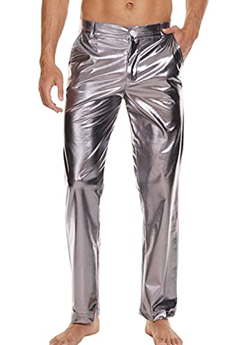 Metallic Glänzende Disco Hose für Herren, 70er/80er Jahre Party Rave Hose, Vintage Cosplay Straight Leg Hose, grau, Medium von WISHU