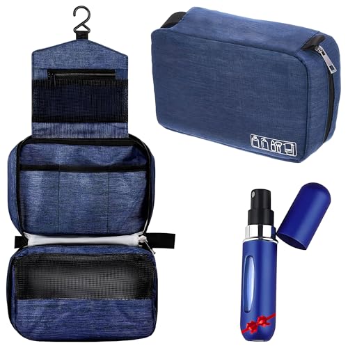 WISMARK® Reise-Kulturbeutel zum Aufhängen + nachfüllbarer Parfümzerstäuber | Einweg-Kulturbeutel, wasserdicht, für Damen und Herren, marineblau, Pop-Up-Kosmetiktasche mit Haken zum Aufhängen und von WISMARK