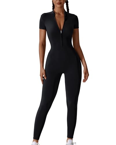 WISREMT Kurzarm-Jumpsuits für Damen Einteiler Strampler lässig Yoga Workout Body Reißverschluss vorne Bodycon Leggings Passform Bauchkontrolle Playsuit von WISREMT