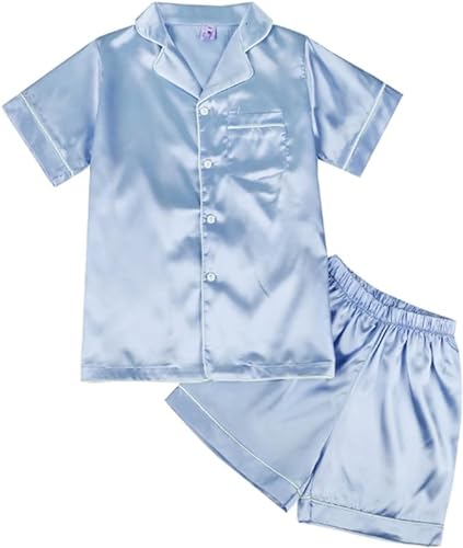 WISREMT Unisex Satin Pyjama Set Jungen Mädchen Seide Pyjama Kurzarm 2 Stück Nachtwäsche Button-Down Kinder Teenager Nachtwäsche 4-14Jahre Silky Loungewear Kleidung Set von WISREMT