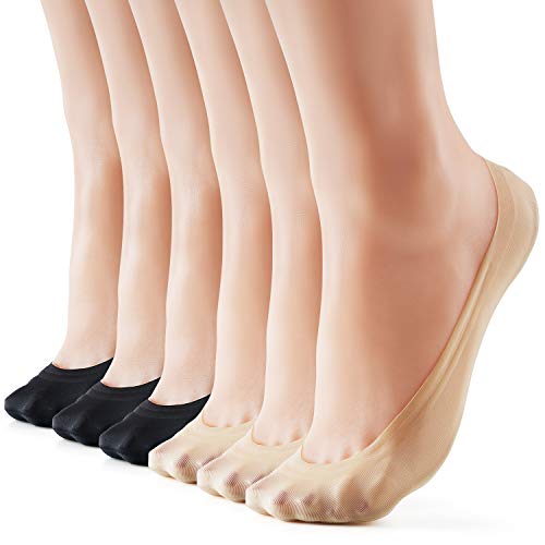 WISVOOO 3–9 Paar No Show Socken Damen Nylon Ultra Low Cut Rutschfest Dünne Liner Socken Unsichtbar Versteckte Socken für Wohnungen, 6 Paar, 3 x Schwarz + 3 x Hautfarben, 40.5-43 EU von WISVOOO
