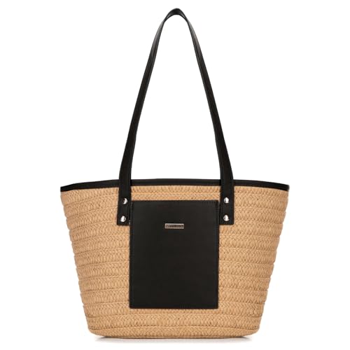 WITTCHEN Damen Geflochtener Korb | Tote Bag | Damen Umhängetasche | Shopper Damen | Boho Sommertasche mit Kunstledergriffen | Elegante Handtasche im Korbdesign | beige-schwarz von WITTCHEN