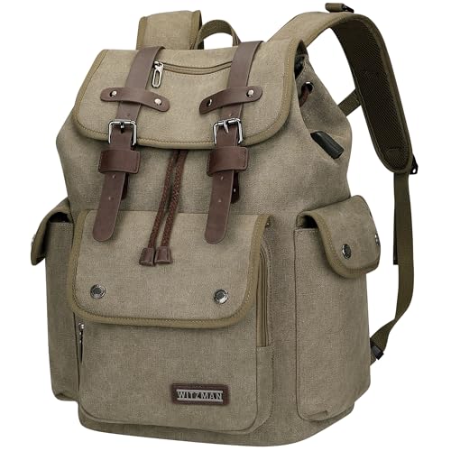 WITZMAN Canvas Reiserucksack Herren Vintage Rucksack Fit 15,6 Zoll Laptop Hohe KapazitäT Travel Backpack Lässiger Tagesrucksack(A8004 Armeegrün) von WITZMAN
