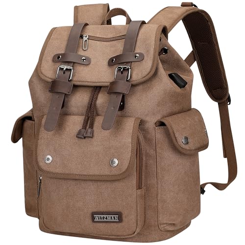 WITZMAN Canvas Reiserucksack Herren Vintage Rucksack Fit 15,6 Zoll Laptop Hohe KapazitäT Travel Backpack Lässiger Tagesrucksack(A8004 Braun) von WITZMAN