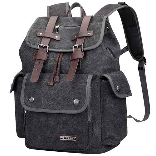 WITZMAN Canvas Reiserucksack Herren Vintage Rucksack Fit 15,6 Zoll Laptop Hohe KapazitäT Travel Backpack Lässiger Tagesrucksack（A8004 Schwarz Grau von WITZMAN