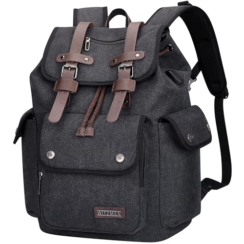 WITZMAN Canvas Reiserucksack Herren Vintage Rucksack Fit 15,6 Zoll Laptop Hohe KapazitäT Travel Backpack Lässiger Tagesrucksack（A8004 Schwarz von WITZMAN