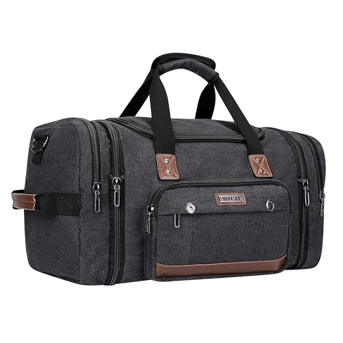 WITZMAN Canvas Reisetasche Herren Groß Weekender Travel Bag 48L Erweiterbare Handgepäck Flugzeug Sporttasche（A8007 Schwarz von WITZMAN