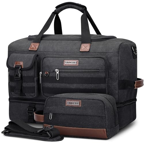 WITZMAN Canvas Reisetasche Herren Weekender Duffle Bag Herren Groß 40L mit Kulturbeutel-Sets Sporttasche mit Schuhfach（A8010/2 Schwarz von WITZMAN