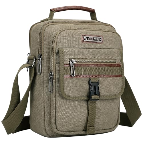 WITZMAN Umhängetasche Herren Canvas Schultertasche Herren Tasche Umhängen Vintage Fit 11 iPad Messenger Bag Herrenhandtasche für Reisen (A8014 Armeegrün) von WITZMAN