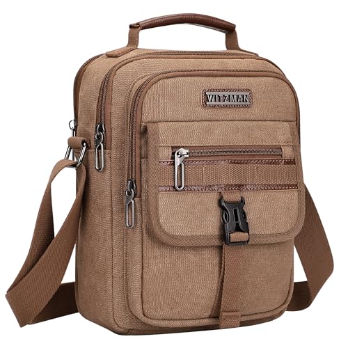 WITZMAN Umhängetasche Herren Canvas Schultertasche Herren Tasche Umhängen Vintage Fit 11 iPad Messenger Bag Herrenhandtasche für Reisen (A8014 Braun) von WITZMAN